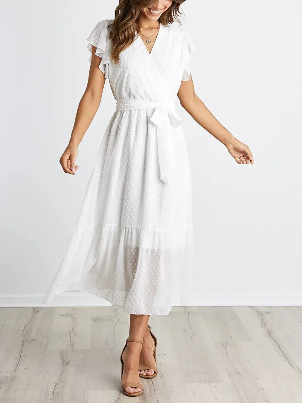 Women Summer Bohemian Floral Casual Wrap V Neck Ruffle Cap Sleeveless Belt A-Line Pleated Hem Swing Midi Sun Dress