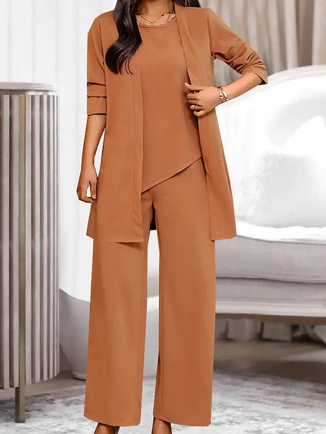 Women's Loungewear Sets 3 Pieces Pure Color Fashion Casual Comfort Street Daily Date Polyester Breathable Crew Neck Long Sleeve Pant Pocket Summer Spring Black Wine