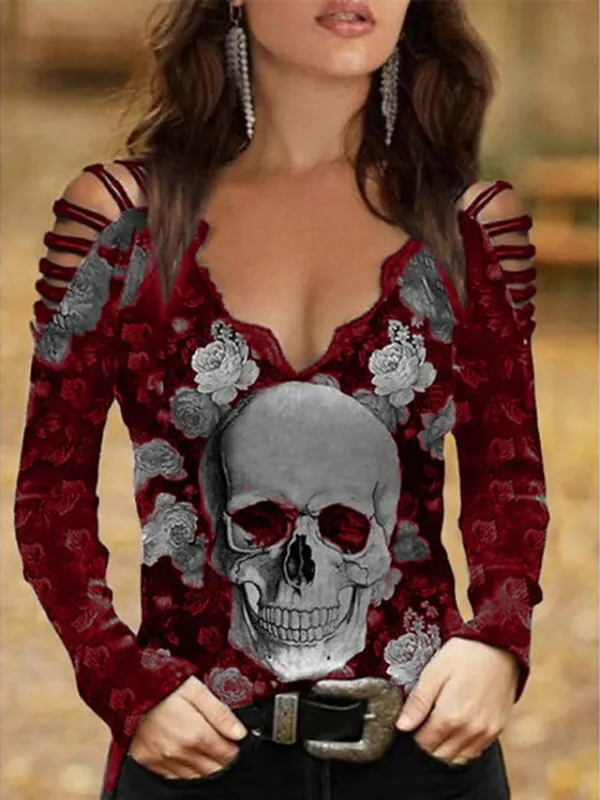 Women's Going Out Tops Burgundy Tee Halloween Shirt Blouse Black Wine Blue Floral Skull Cut Out Print Long Sleeve Halloween Casual Weekend Basic Off Shoulder V Neck Regular Fit Floral Painting Cold