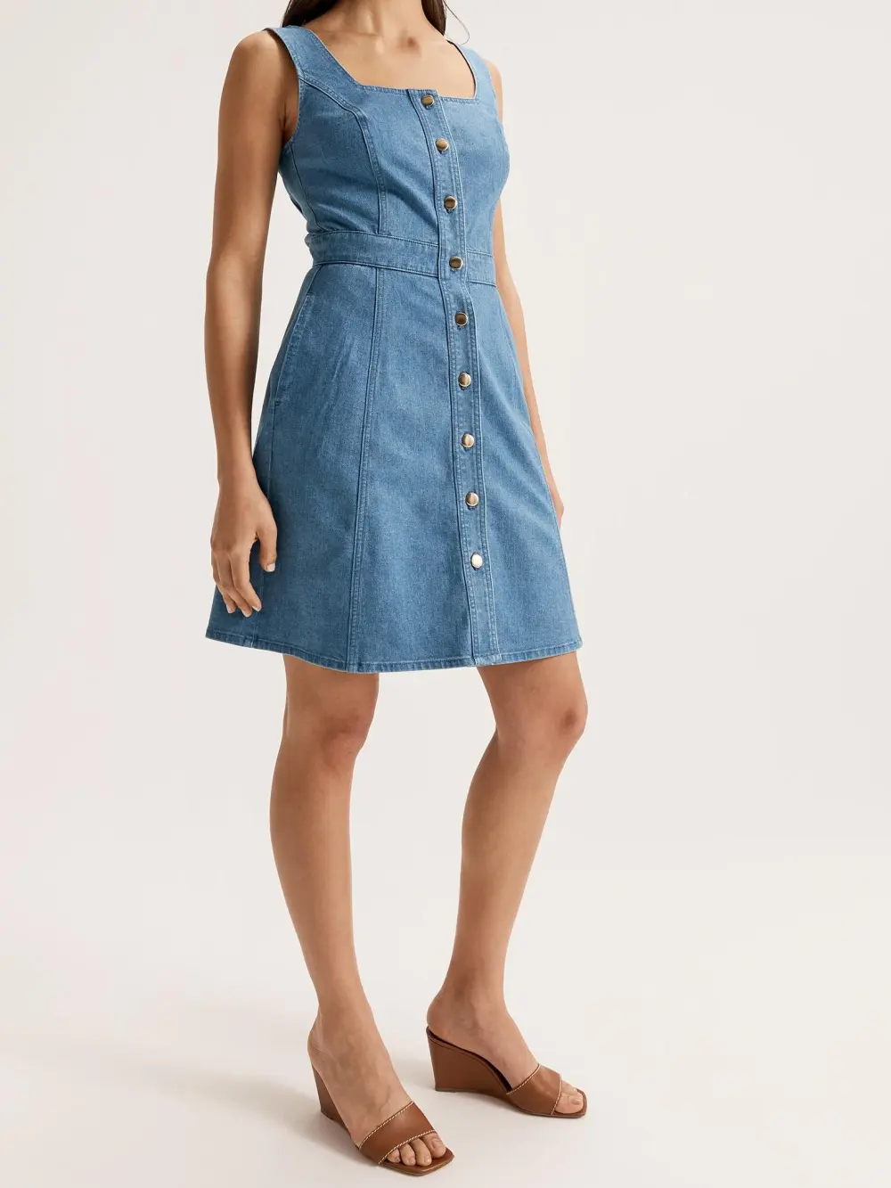 Button Detail Pockets Denim Dresses
