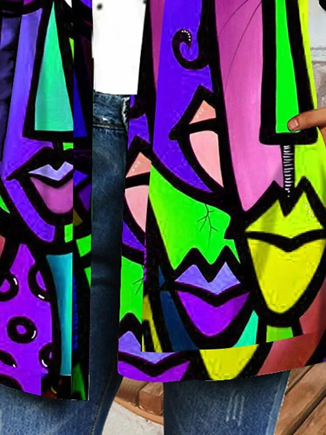 Women's Jacket Casual Jacket Regular Lips Print Coat Blue Purple Casual Daily Autumn / Fall Open Front Round Neck Regular Fit S M L XL XXL 3XL / Windproof / Color Block / Portrait