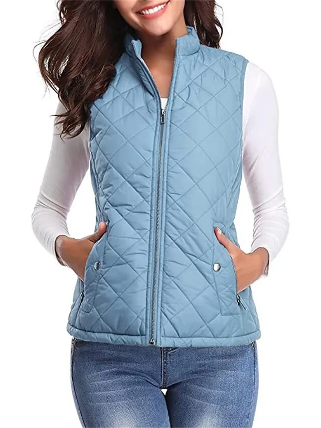 Women's Quilted Vest Crop Sleeveless Winter Coat Lightweight Puffer Gilet Warm Windproof Outerwear with Pockets Zip up Fall Street Casual Jacket Light Blue claret Sea Blue