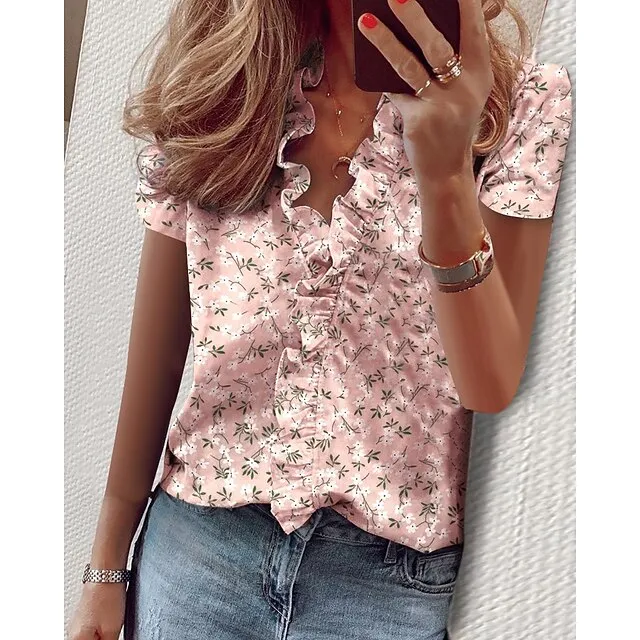 Women‘s Blouse T shirt Basic Lettuce Trim Plain Daily V Neck T-shirt Sleeve Regular Spring &  Fall Light Khaki. Green Blue White Pink