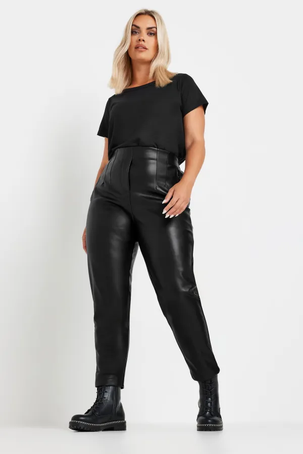 YOURS Curve Black Coated Darted Waist Tapered Trousers