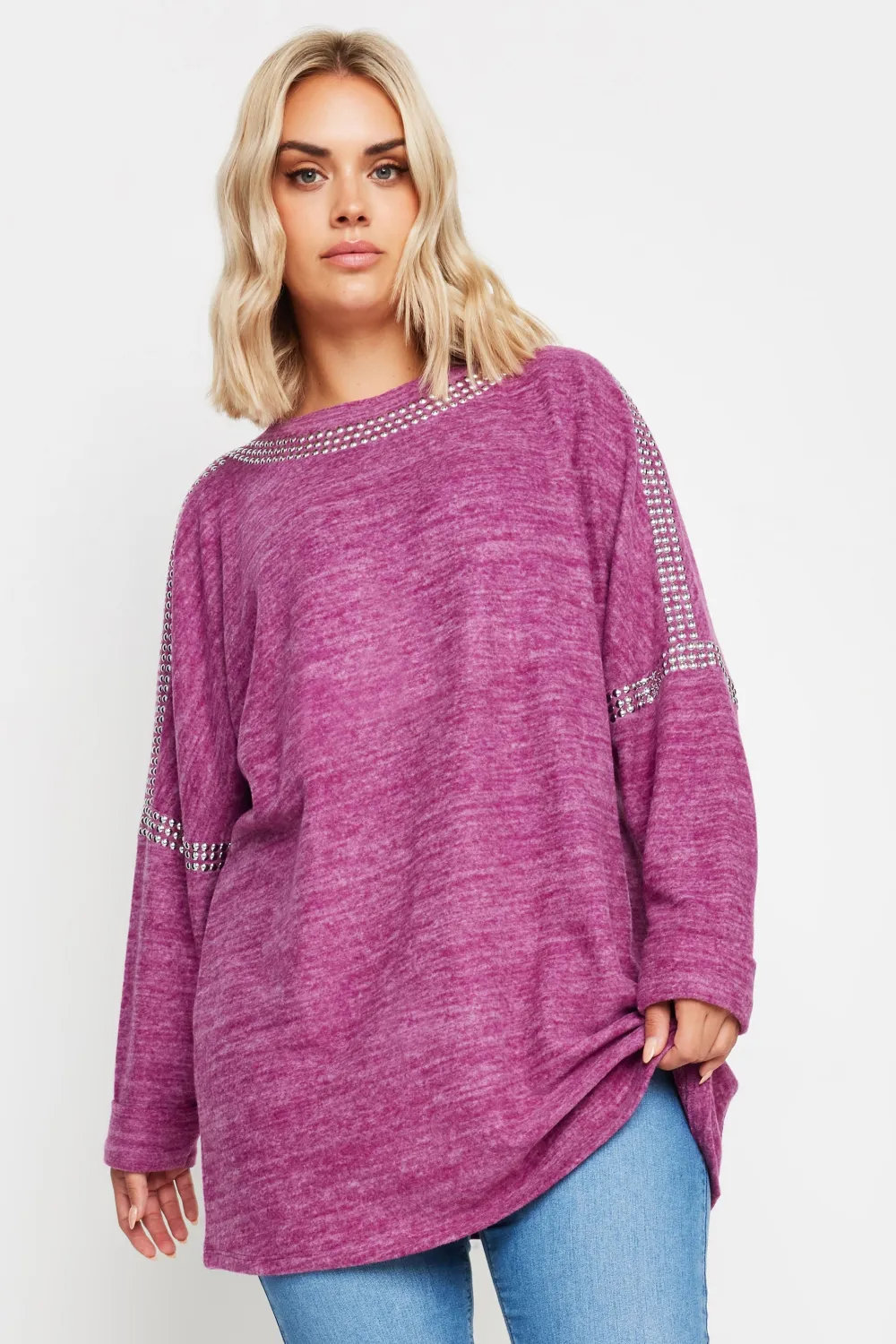 YOURS Curve Purple Marl Stud Neckline Embellished Jumper