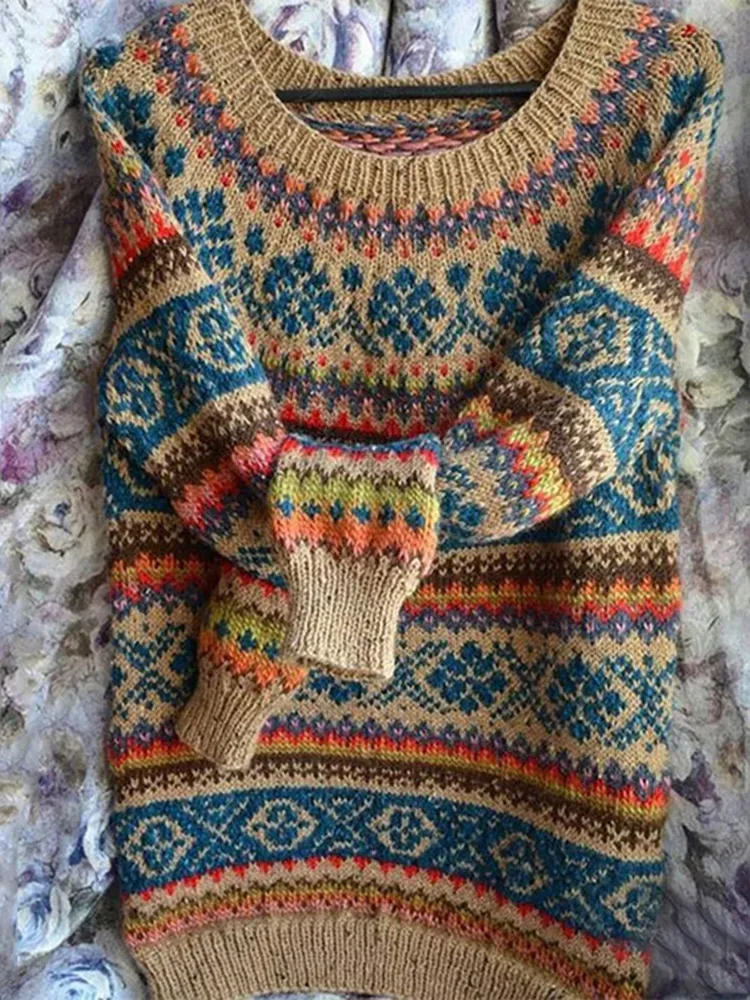 Vintage Crew Neck Long Sleeve Knit Loose Sweater