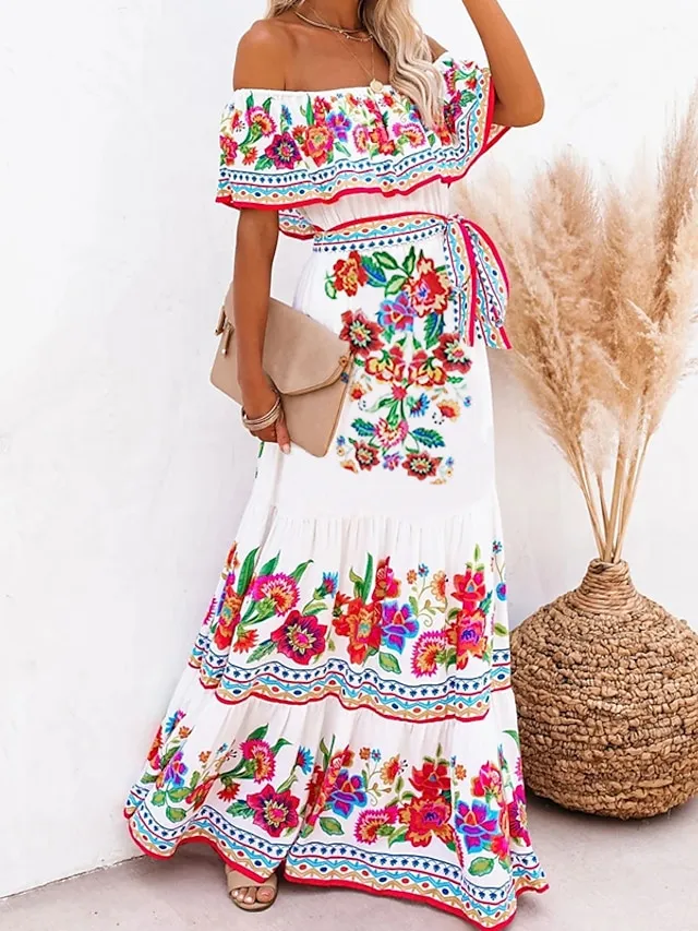Women's Swing Dress Boho Dress Long Dress Maxi Dress Black White Yellow Short Sleeve Floral Cold Shoulder Summer Spring Off Shoulder Romantic Vacation Summer Dress Spring Dress Regular Fit 2023 S M L