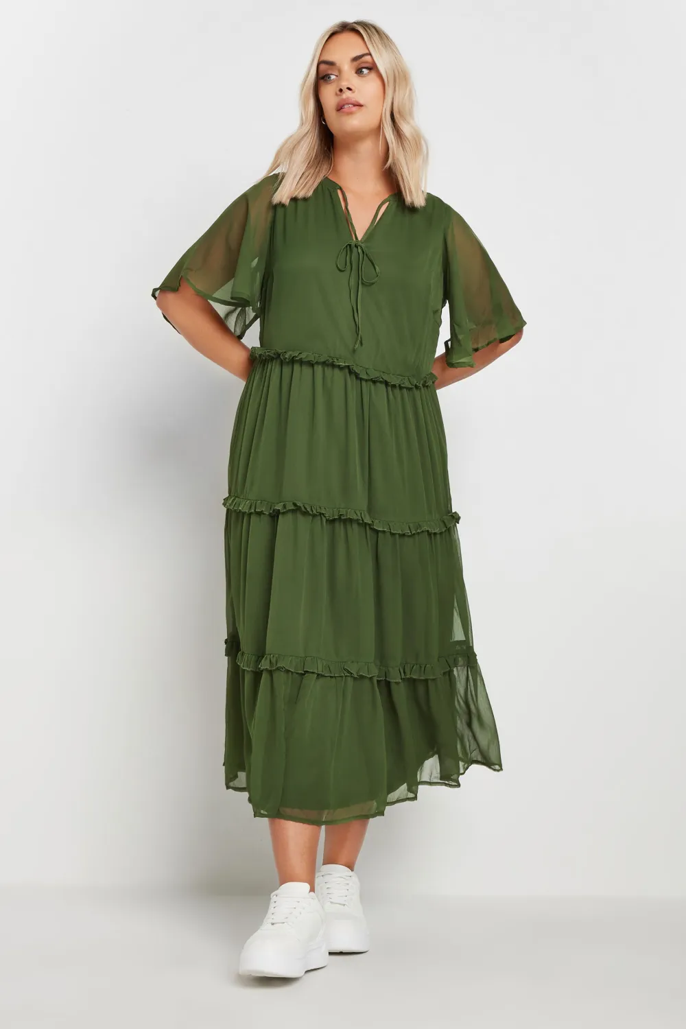 YOURS Curve Khaki Green Chiffon Tiered Midaxi Dress
