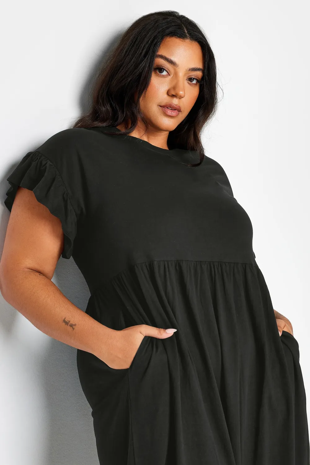 YOURS Curve Black Pure Cotton Frill Sleeve Midaxi Dress