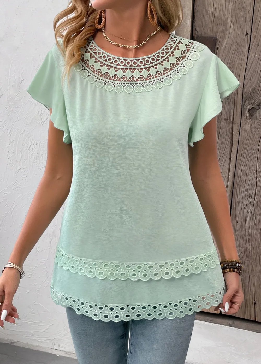 Mint Green Patchwork Short Sleeve Round Neck Blouse