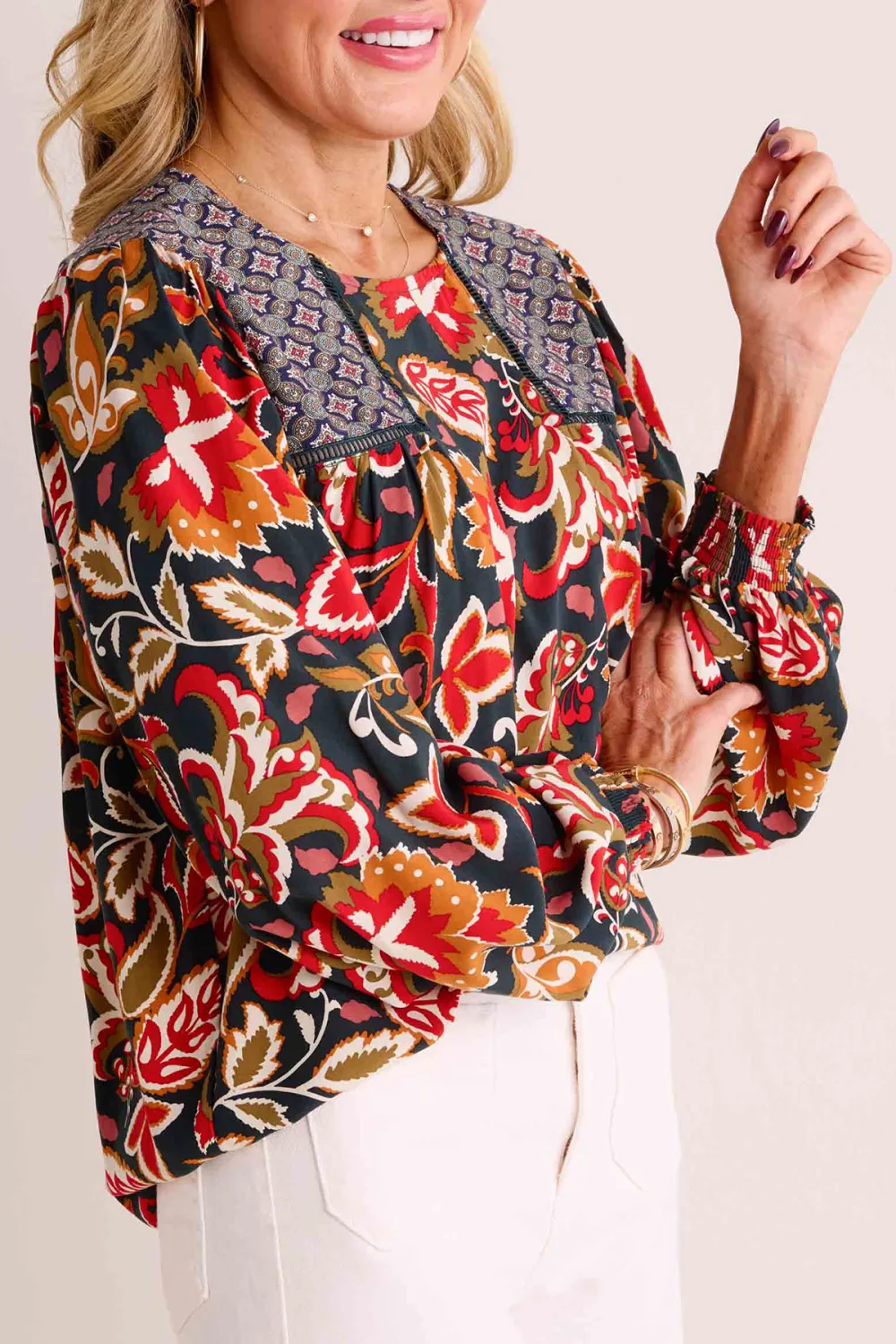 Multicolored Abstract Floral Print Long Sleeve Blouse