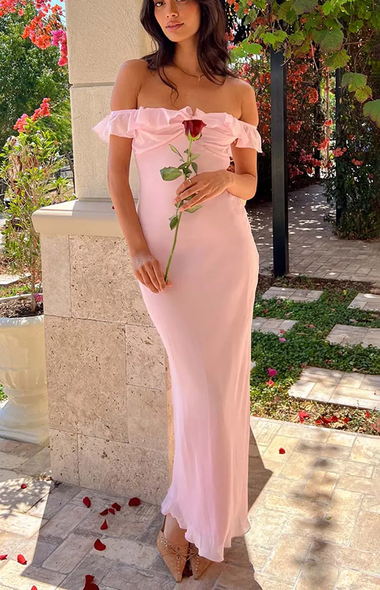 Off Shoulder Pink Floral Maxi Dress