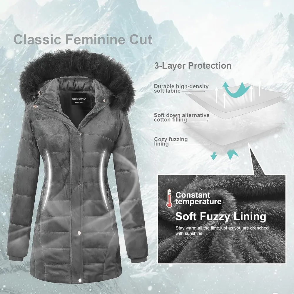 Women's Warm Winter Coat Velvet Puffer Jacket Quilted Faux Fur Hood