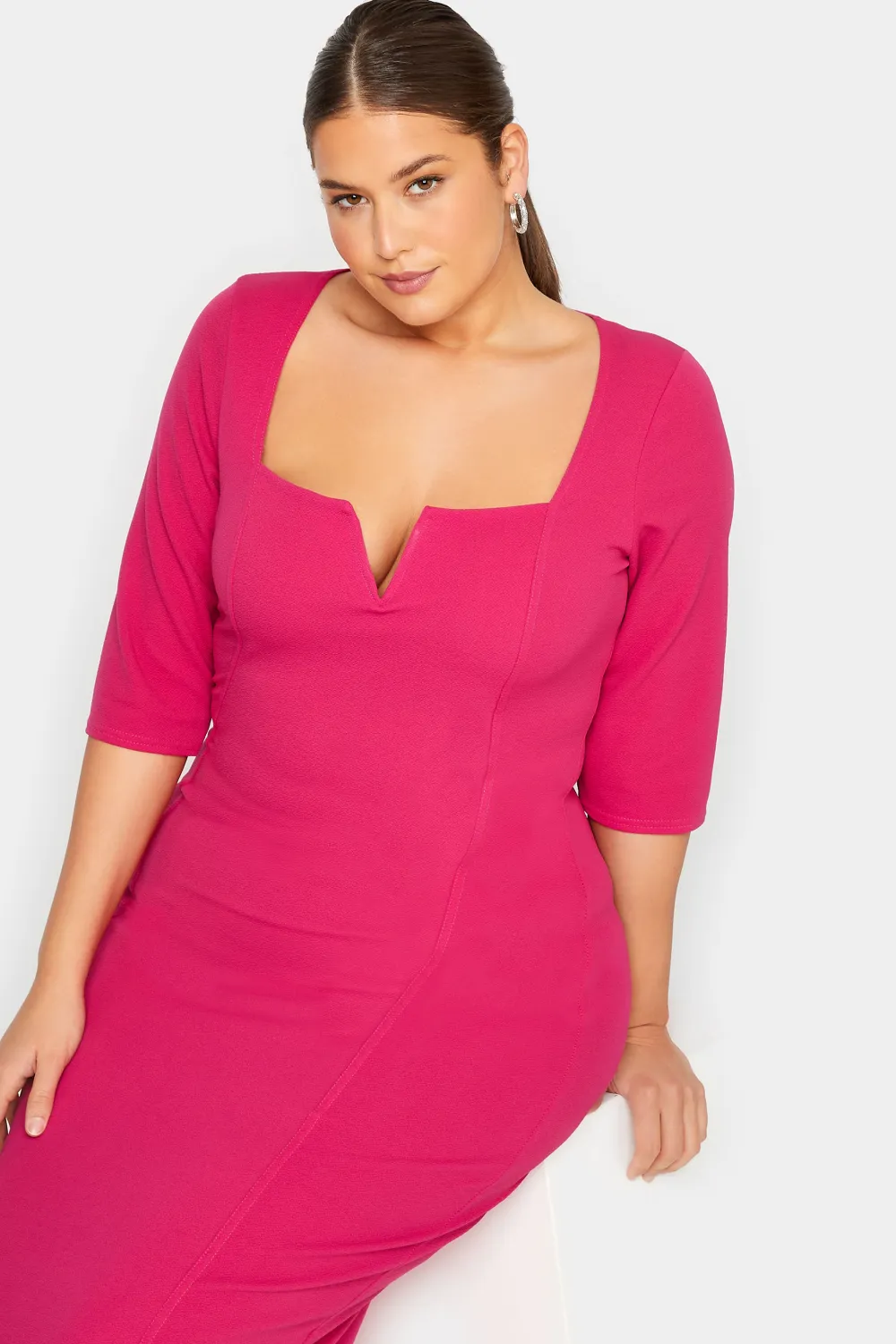 LTS Tall Bright Pink Notch Neck Midi Dress