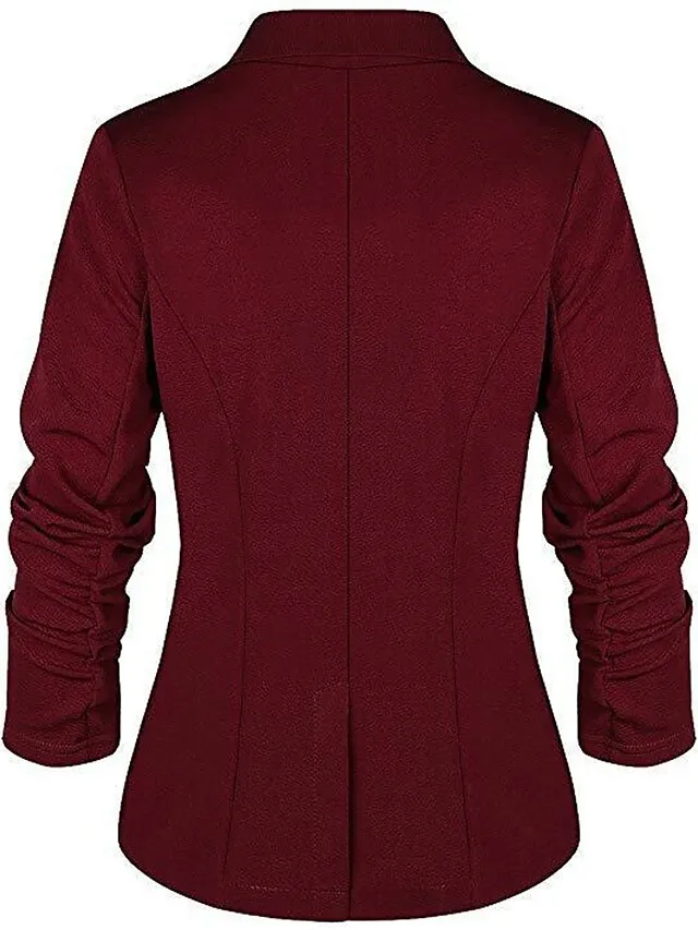 Women's Blazer Formal Office Jacket Open Front Button Plain Windproof Streetwear Pink Regular Fit Outerwear Long Sleeve Spring Navy S