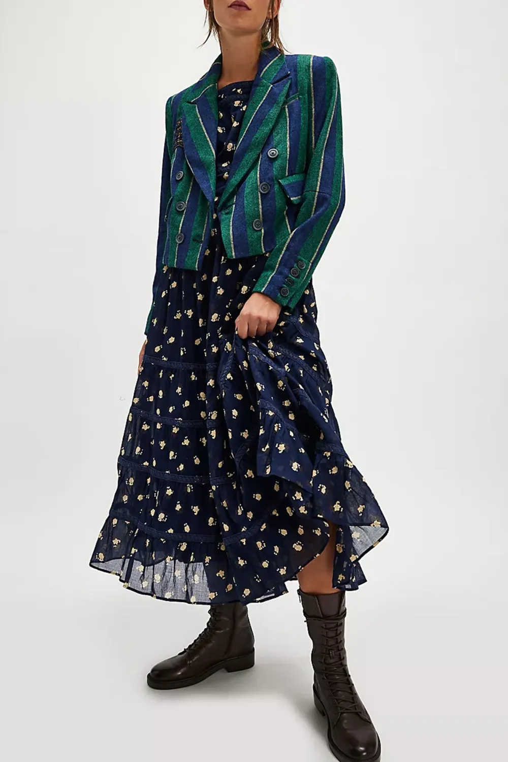 Long Sleeve Floral Print Tiered Midi Dress