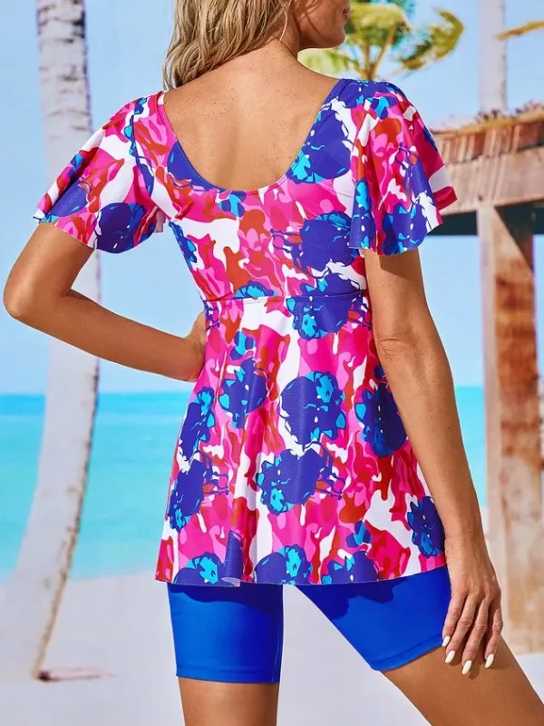 Casual Floral Printing V Neck Tankinis Two-Piece Set