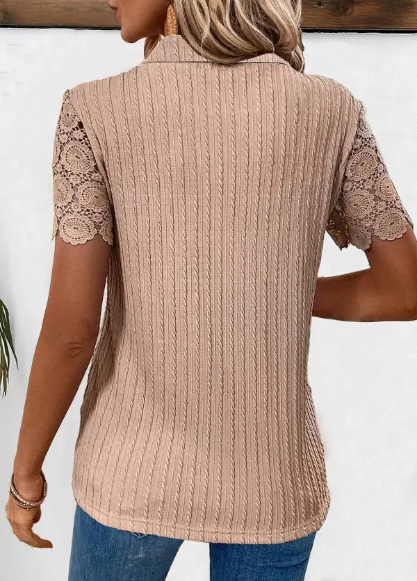 Light Coffee Lace Short Sleeve Shirt Collar Blouse