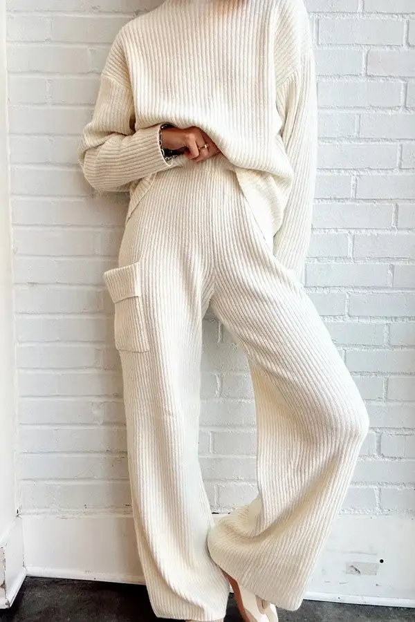 Off-White Ribbed Knit Wide-Leg Pants