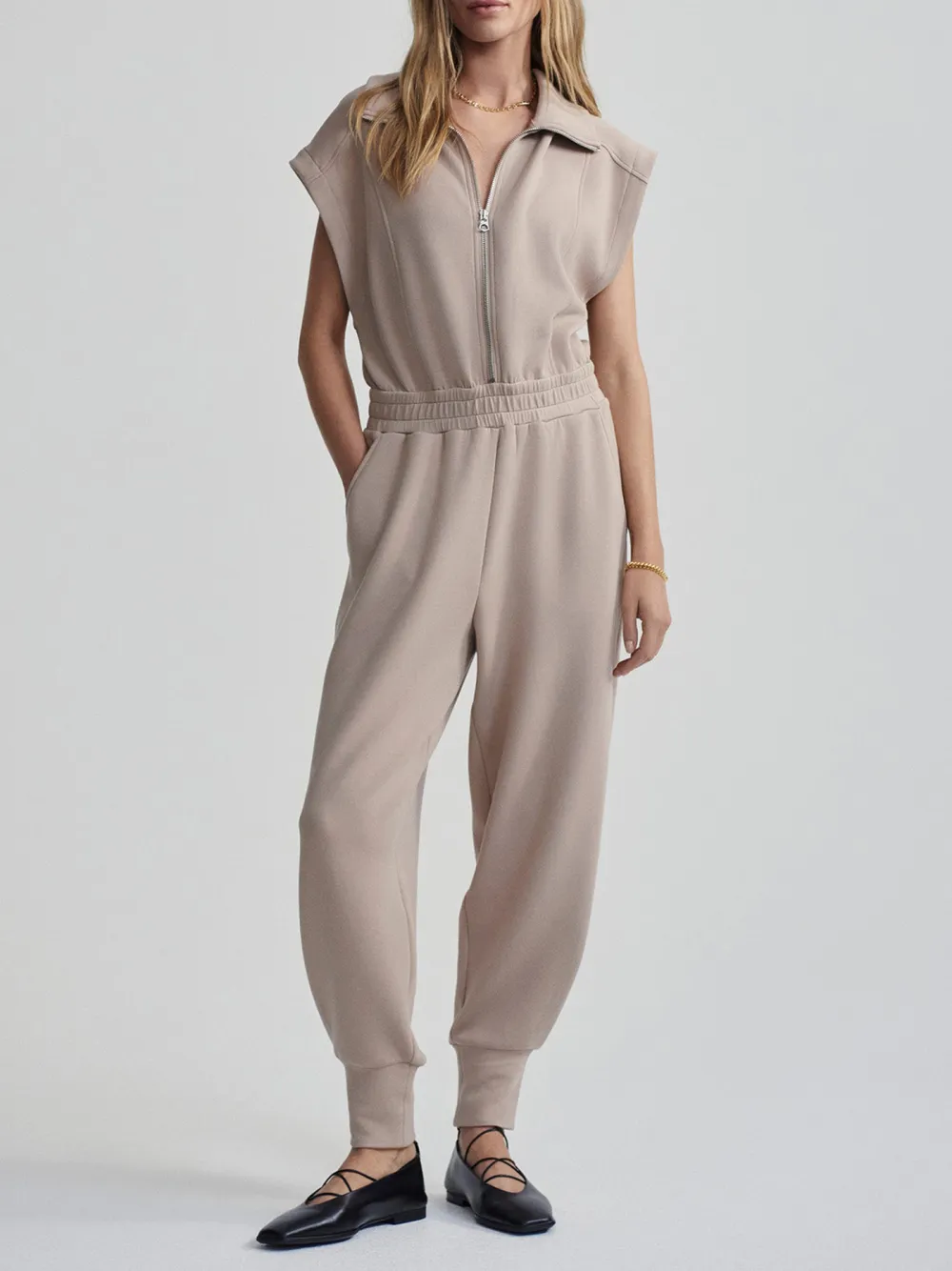 Relaxed Sleeveless Zip-Front Jogger Jumpsuit