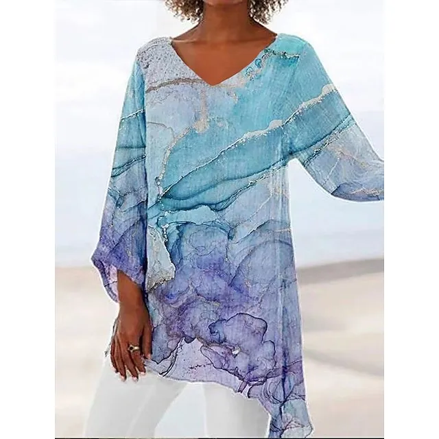 Women's Plus Size Shirt Blouse Tunic White Red Blue Graphic Floral Asymmetric Print Long Sleeve Streetwear Casual V Neck Regular Fit Floral Spring Fall