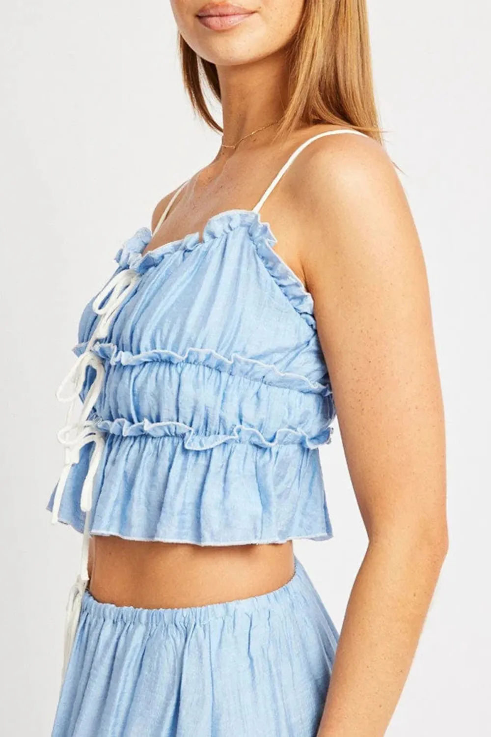 Blue Tiered Cami Top Sleeveless Front Ribbon