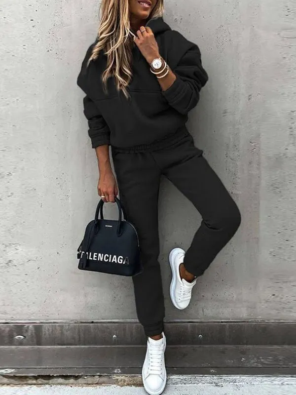 Women's Sets Solid Long Sleeve Hoody & Pants Two-Piece Set