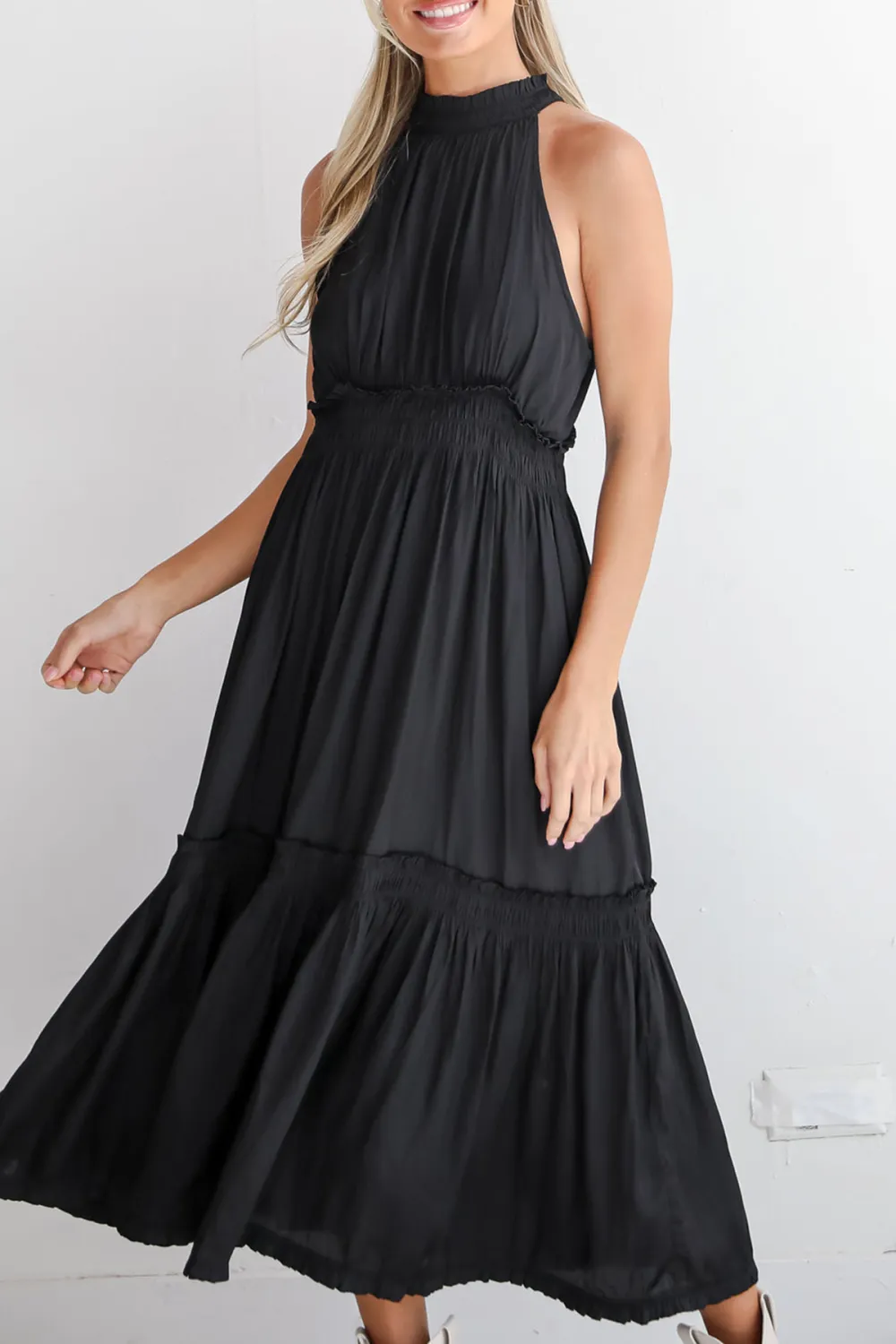 Lovely Intuition Black Satin Midi Dress