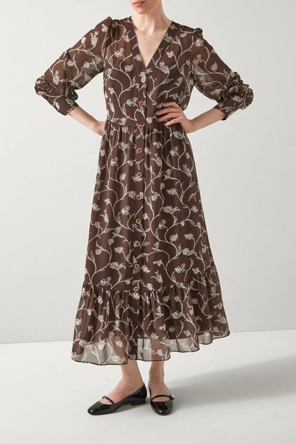 Brown Floral Print Long Sleeve Midi Dress