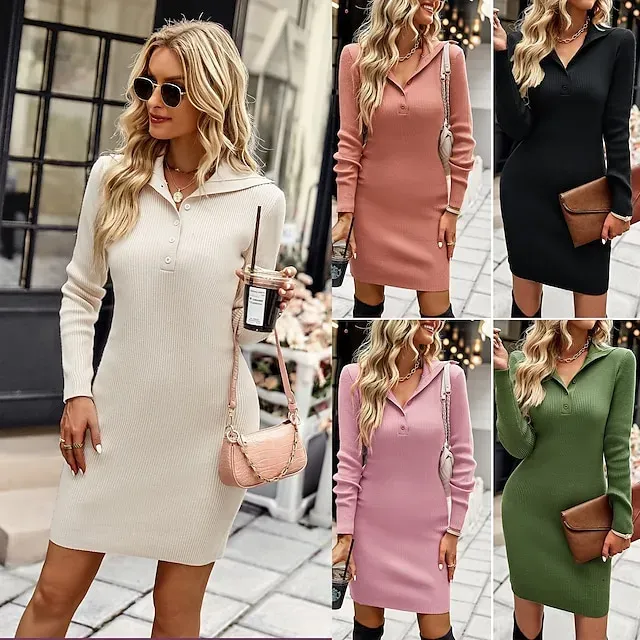 Women's Sweater Dress Knit Dress Jumper Dress Mini Dress Knitwear Active Fashion Pure Color Outdoor Casual Holiday Vacation Lapel Long Sleeve 2023 Slim Black Pink Rusty Red S M L XL