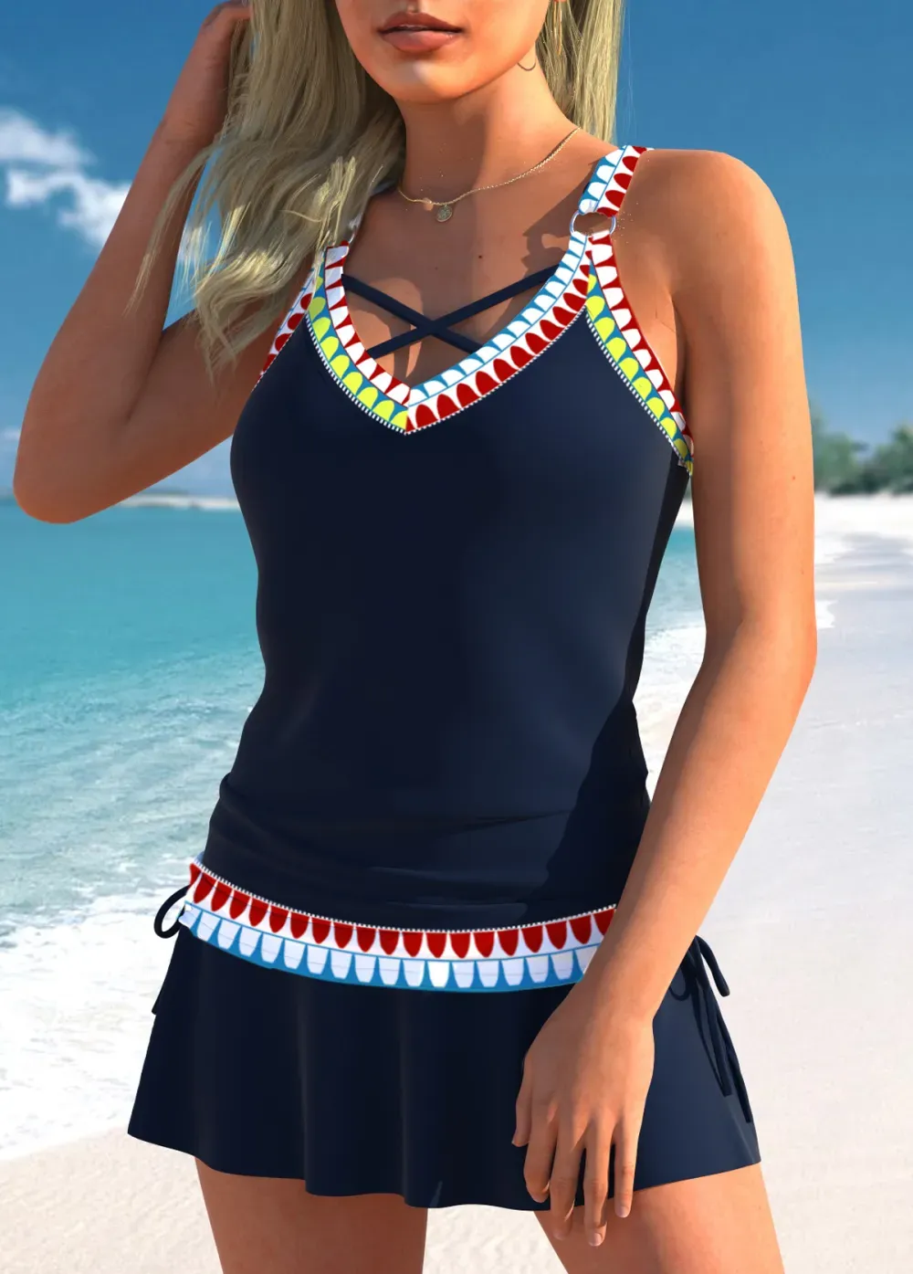Circular Ring African Tribal Print Navy Tankini Top