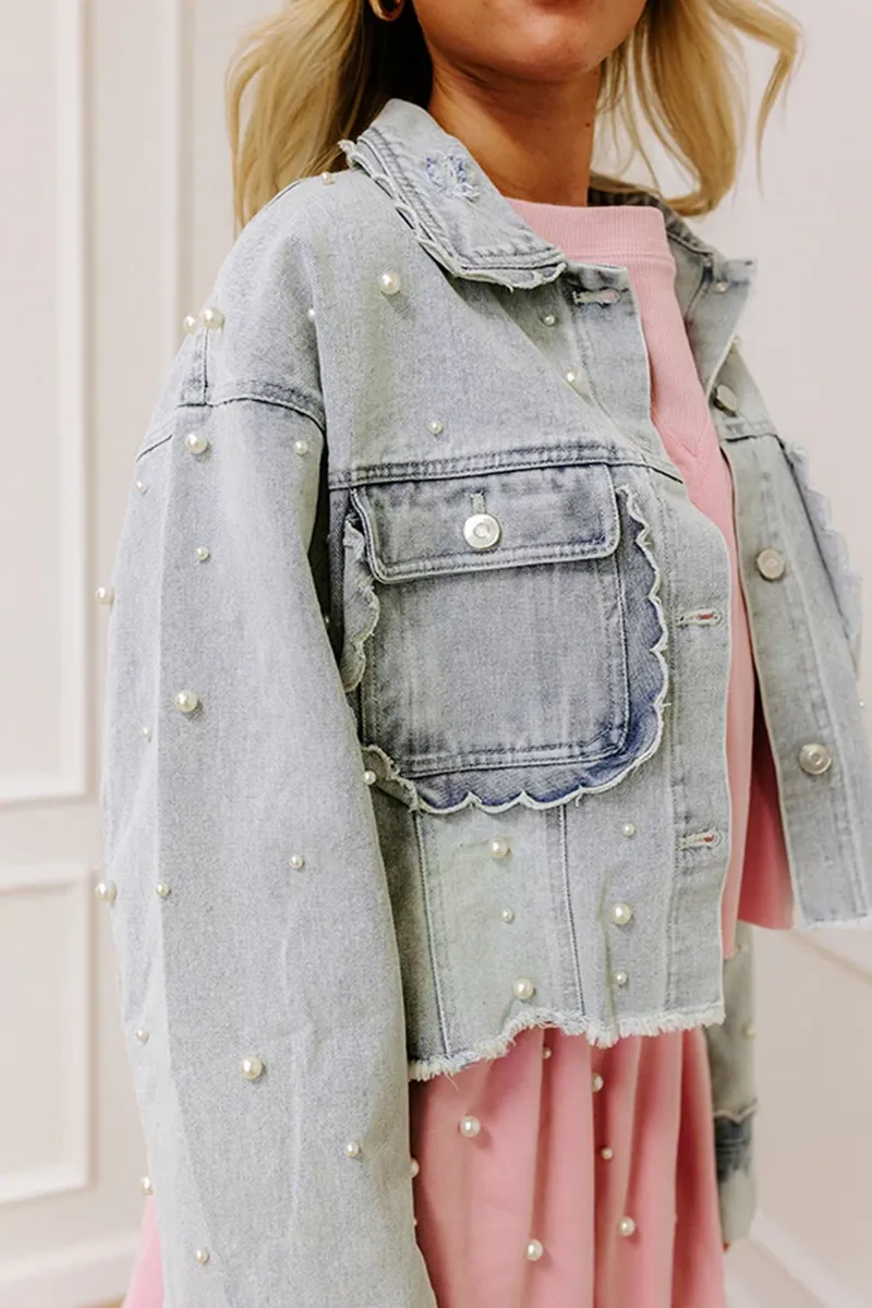 Girly Pearl Embellished Women's Denim Jacket