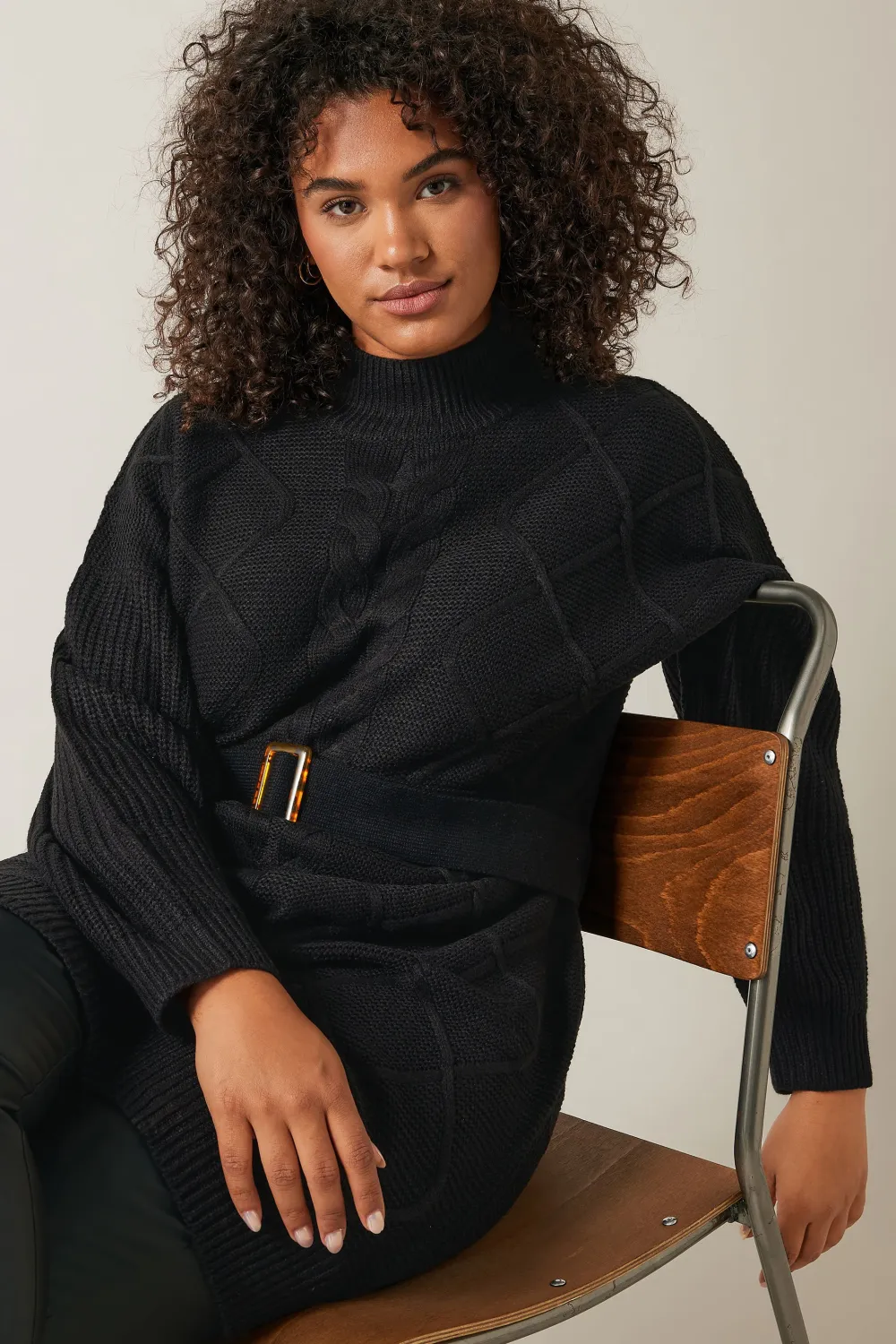 Evans Black High Neck Cable Knit Longline Jumper