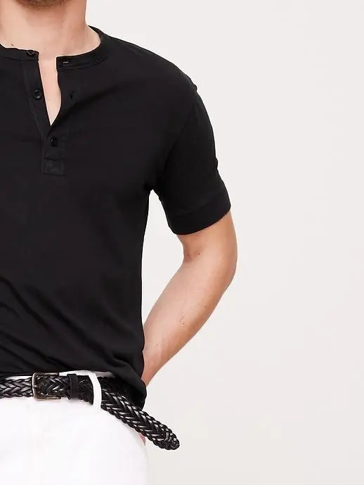 Men's Coal Black Pure Cotton Skin-Friendly Buckled Short Sleeves