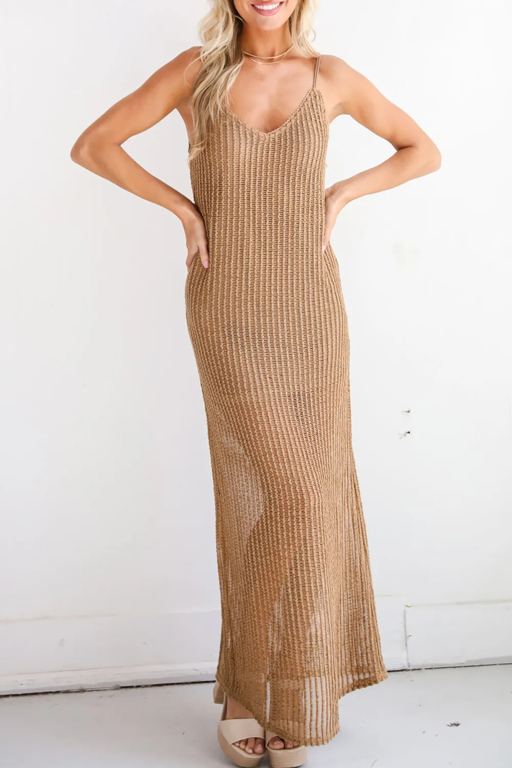Compelling Style Taupe Crochet Knit Maxi Dress