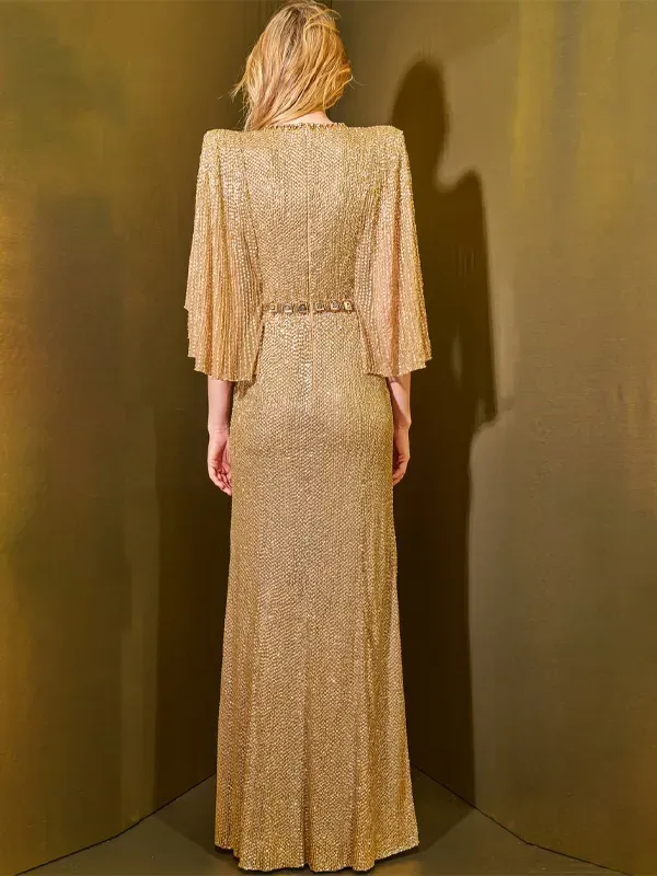 Round Neck Sequined Solid Color Maxi Dress