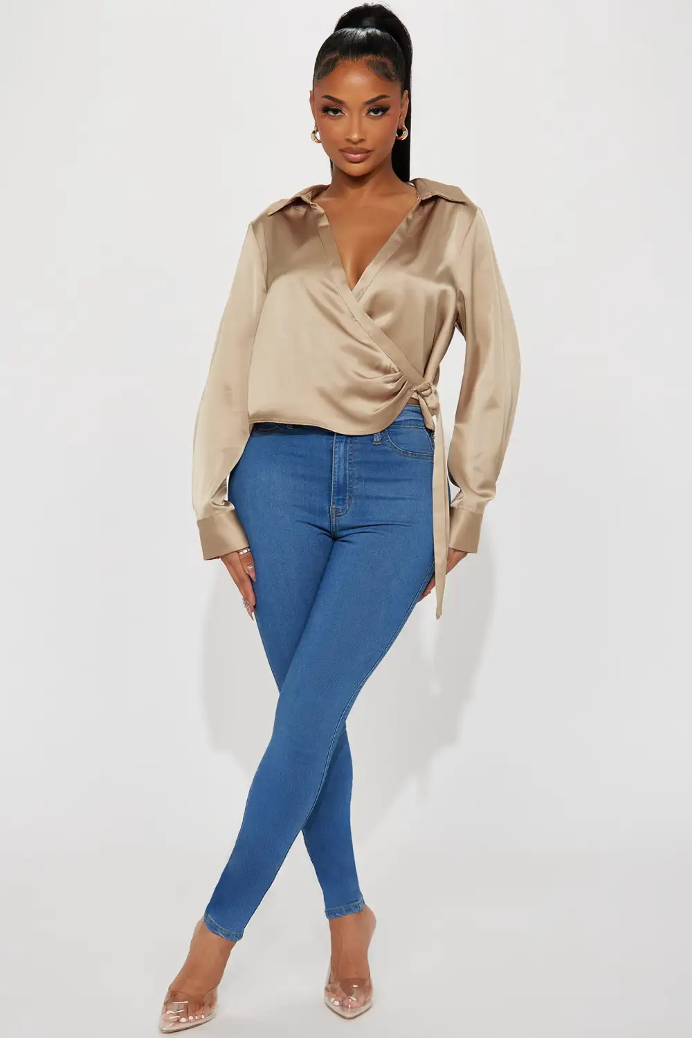 Zeal Satin Surplice Top - Taupe