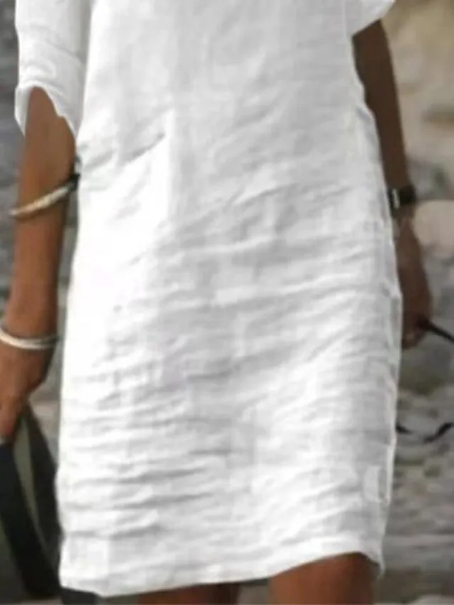 Women‘s Cotton Linen Dress Shirt Dress Casual Dress Shift Dress Midi Dress Cotton Blend Fashion Basic Outdoor Daily Vacation Stand Collar Button Half Sleeve Summer Spring 2023 Black White Blue Plain