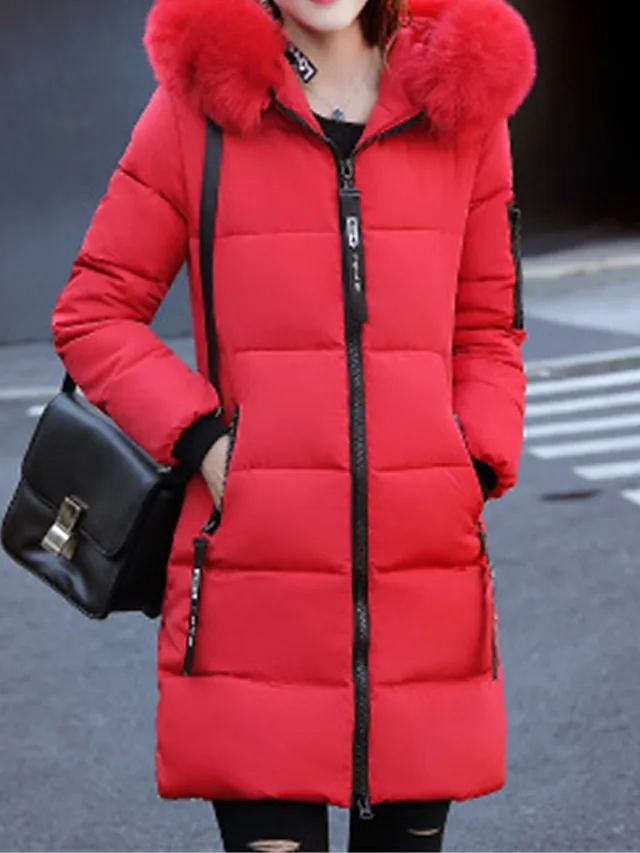 Women's Parka Long Puffer Jacket Thicken Winter Coat with Fur Collar Hood Fall Windproof Warm Overcoat with Pockets Stylish Contemporary Casual Jacket Long Sleeve Full Zip Black White Light Green