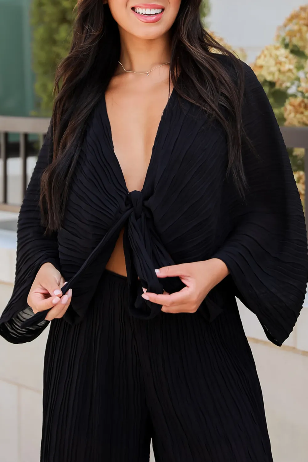 Sophisticated Step Black Pleated Tie-Front Blouse