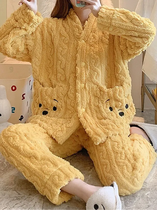 Women's Fleece Fluffy Fuzzy Warm Pajamas Sets Animal Warm Casual Comfort Home Bed Flannel Warm Breathable V Wire Long Sleeve Shirt Pant Button Pocket Fall Winter White Yellow