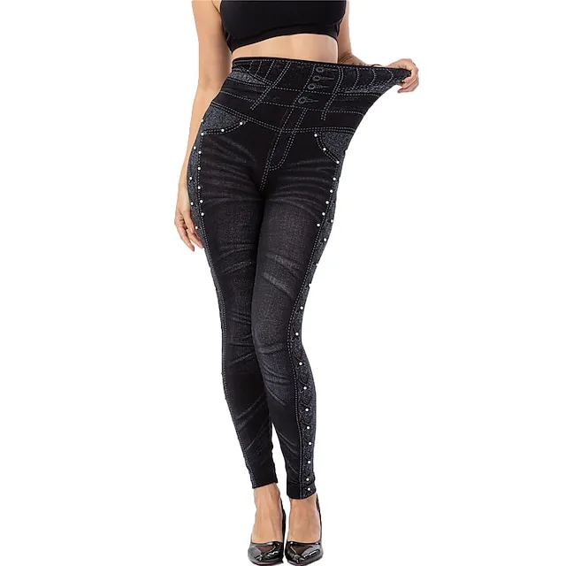 Women's Tights Leggings Jeggings Plain Tummy Control Butt Lift Ankle-Length Casual Weekend Faux Denim Fashion Skinny Black Blue High Waist High Elasticity