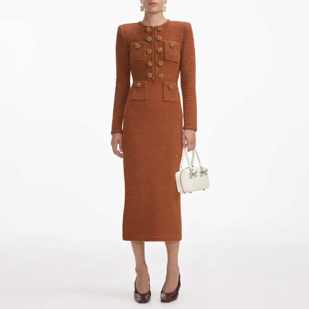 Brown Textured Knit Midi Dress