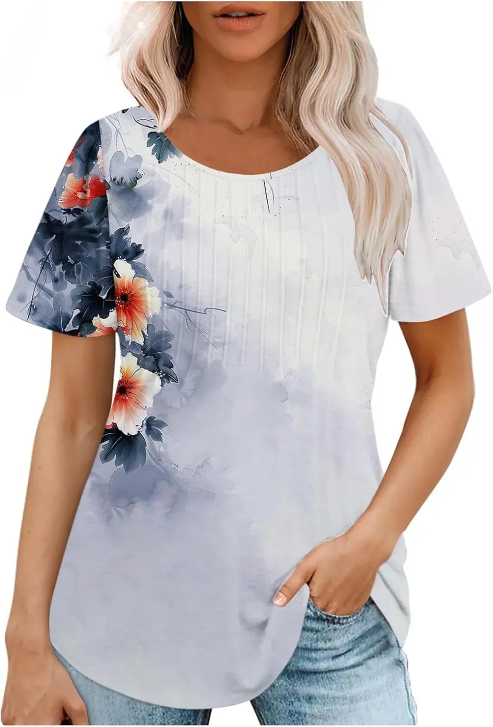 Womens Summer Pleated Front Shirts Tunics Casual Short Sleeved Loose Round Neck Boho Printed Tops Vacation Blouse