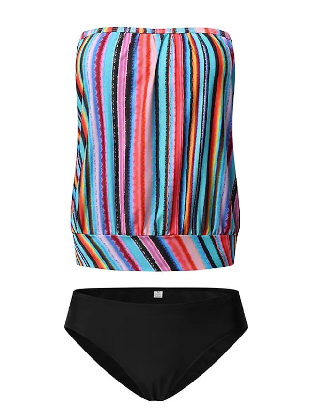 Women's Swimwear Tankini 2 Piece Plus Size Swimsuit 2 Piece Modest Swimwear Open Back Stripe Printing Striped Blue Tube Top Strapless Bathing Suits Sports Vacation Beach Wear