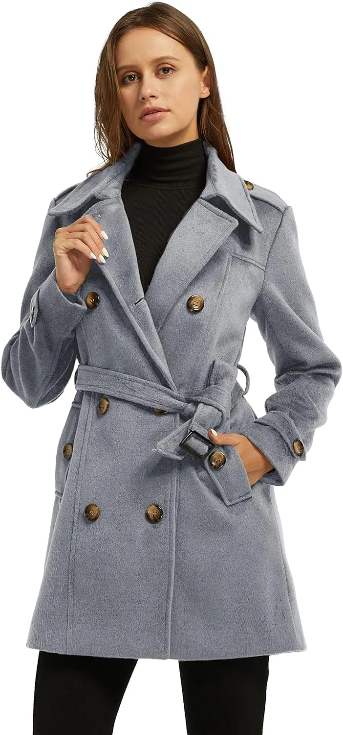 Women's Double Breasted Pea Coat Winter Mid-Long Trench Coat with Belt