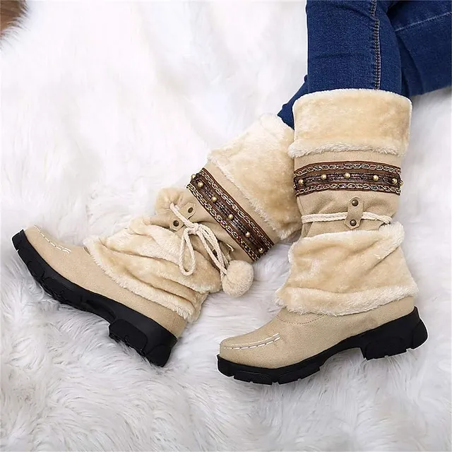 Women's Boots Snow Boots Plus Size Outdoor Daily Fleece Lined Knee High Boots Winter Bowknot Pom-pom Chunky Heel Round Toe Casual Industrial Style PU Lace-up Black Purple Brown