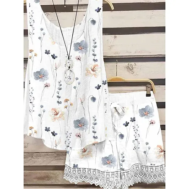 Loose Print Vest With Loose Casual Shorts Set