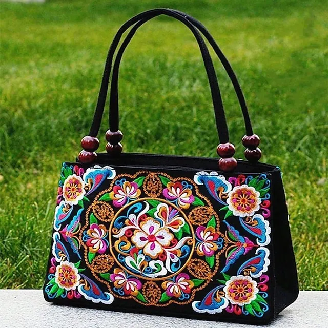 Women's Handbag Canvas Outdoor Holiday Embroidery Large Capacity Breathable Lightweight Folk Dark Red Black / Red Blue peacock