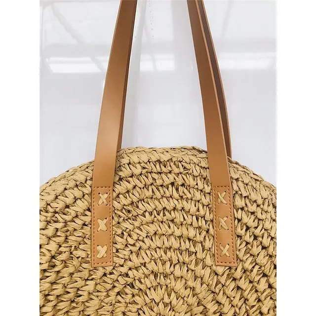 Women's Tote Straw Bag Straw Daily Holiday Solid Color Bohemian Style Brown Beige